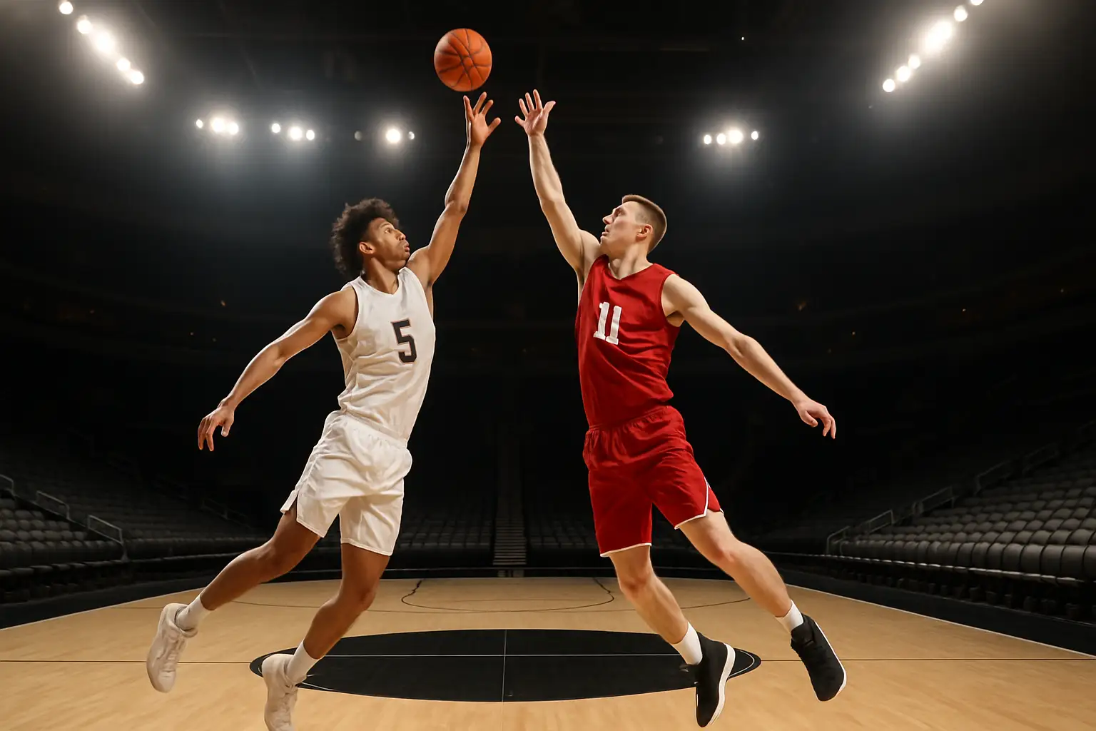 Two college basketball players battling for a loose ball on a neutral-site arena court with arena lights overhead