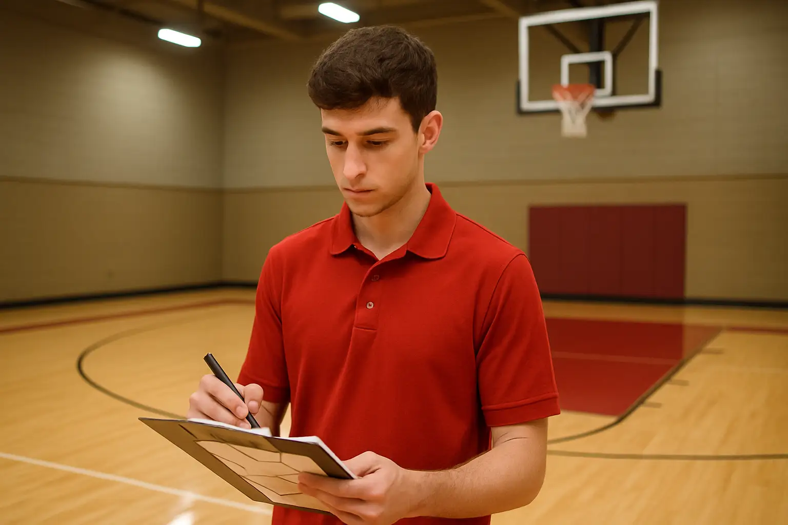 A basketball coach drawing up a play on a whiteboard in a college locker room