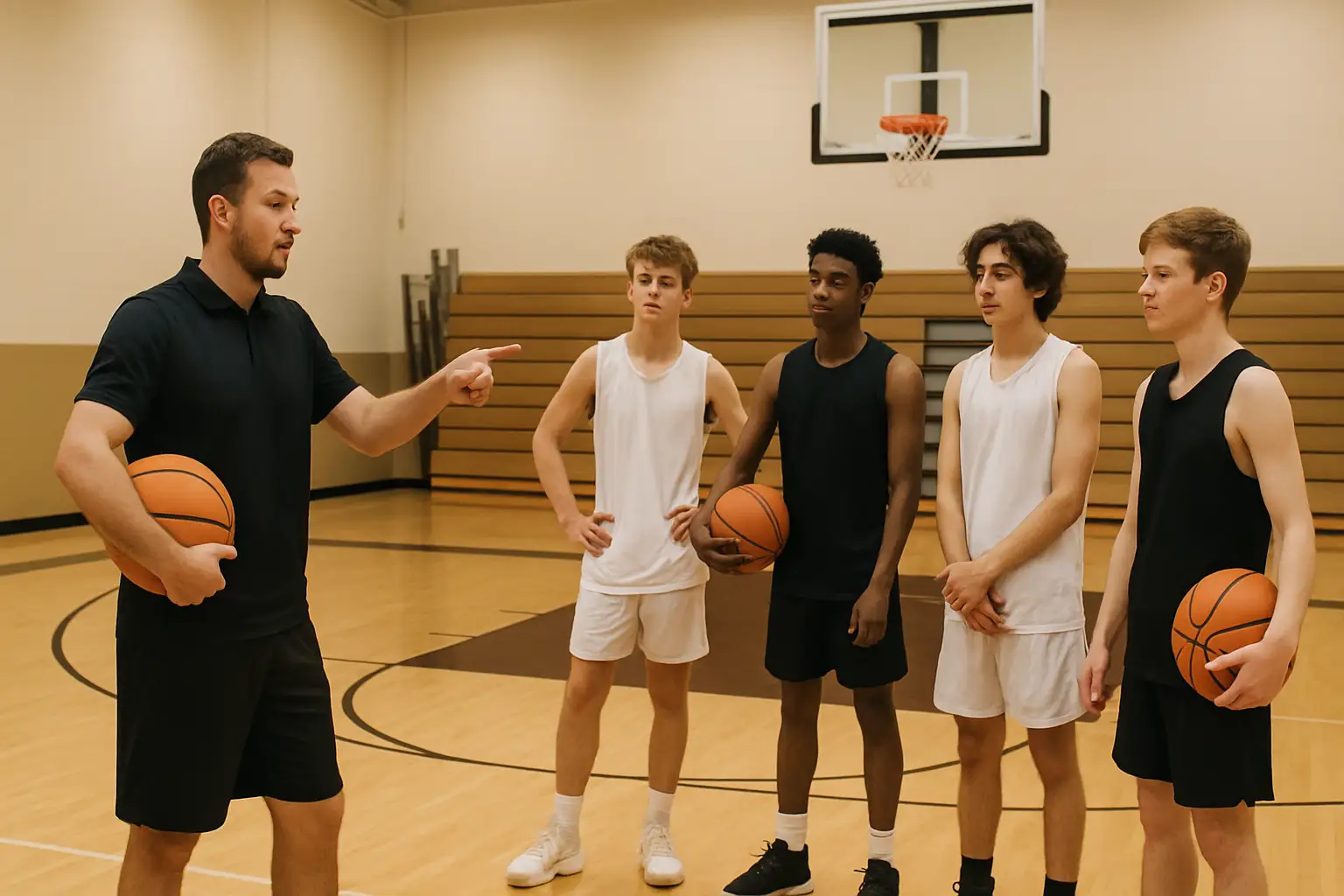 A basketball coach addressing players on a high school gymnasium court during practice