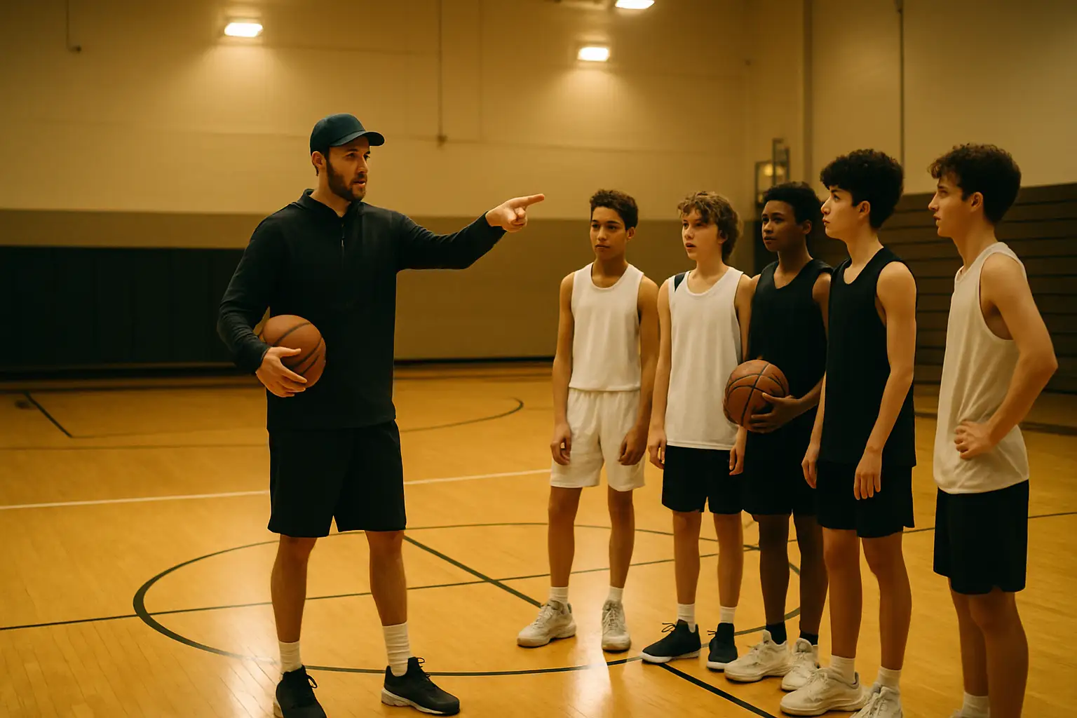 A basketball court inside a high school gymnasium with a coach addressing players during practice