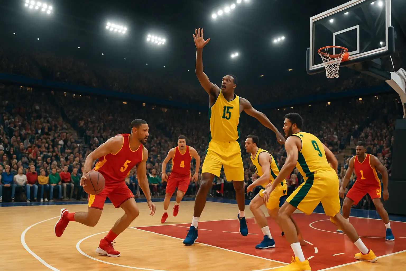 Basketball players in national team uniforms competing in an international multi-sport games arena