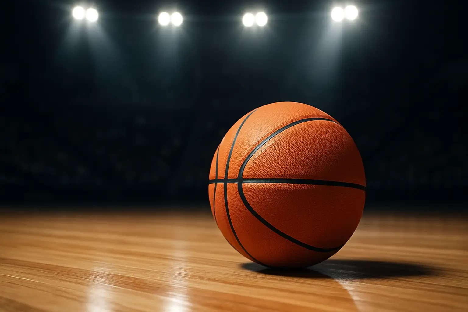 A basketball sitting on a hardwood court under arena lighting, symbolizing a professional player's ongoing journey