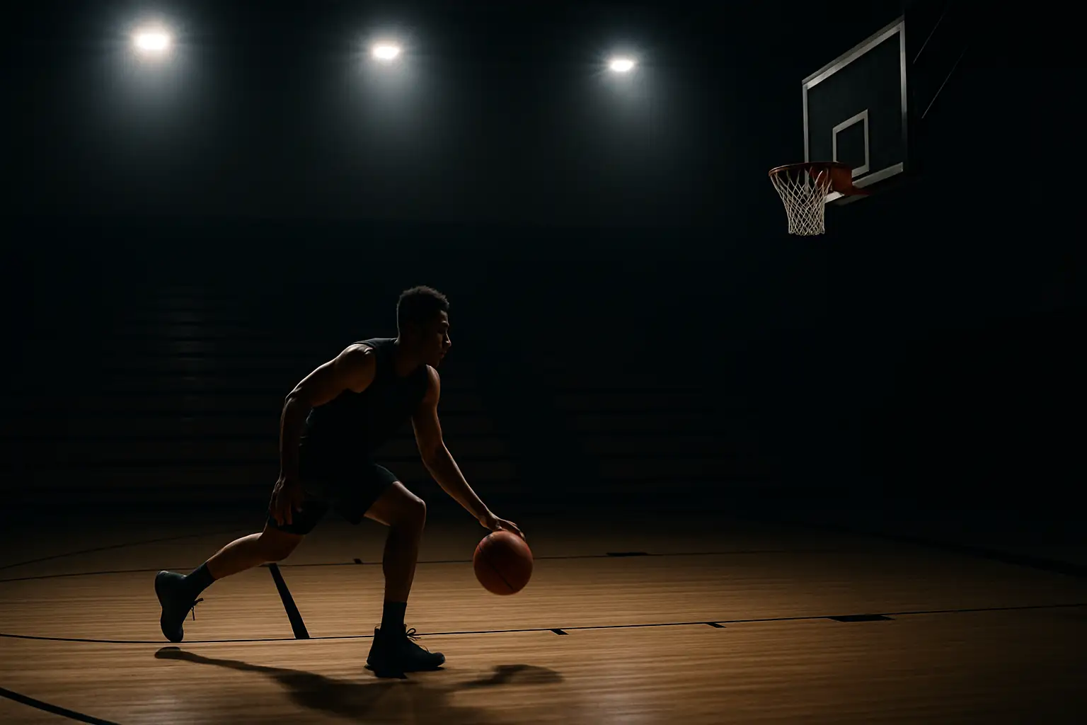 Basketball player dribbling on an indoor court with empty bleachers in the background