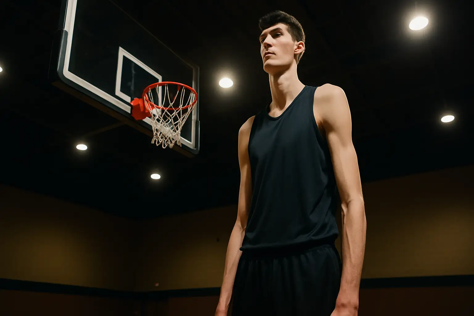 A towering basketball player standing near a college basketball hoop, dwarfing the rim