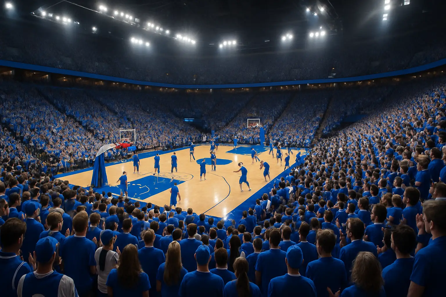 BYU basketball arena filled with fans during a college game under bright arena lights