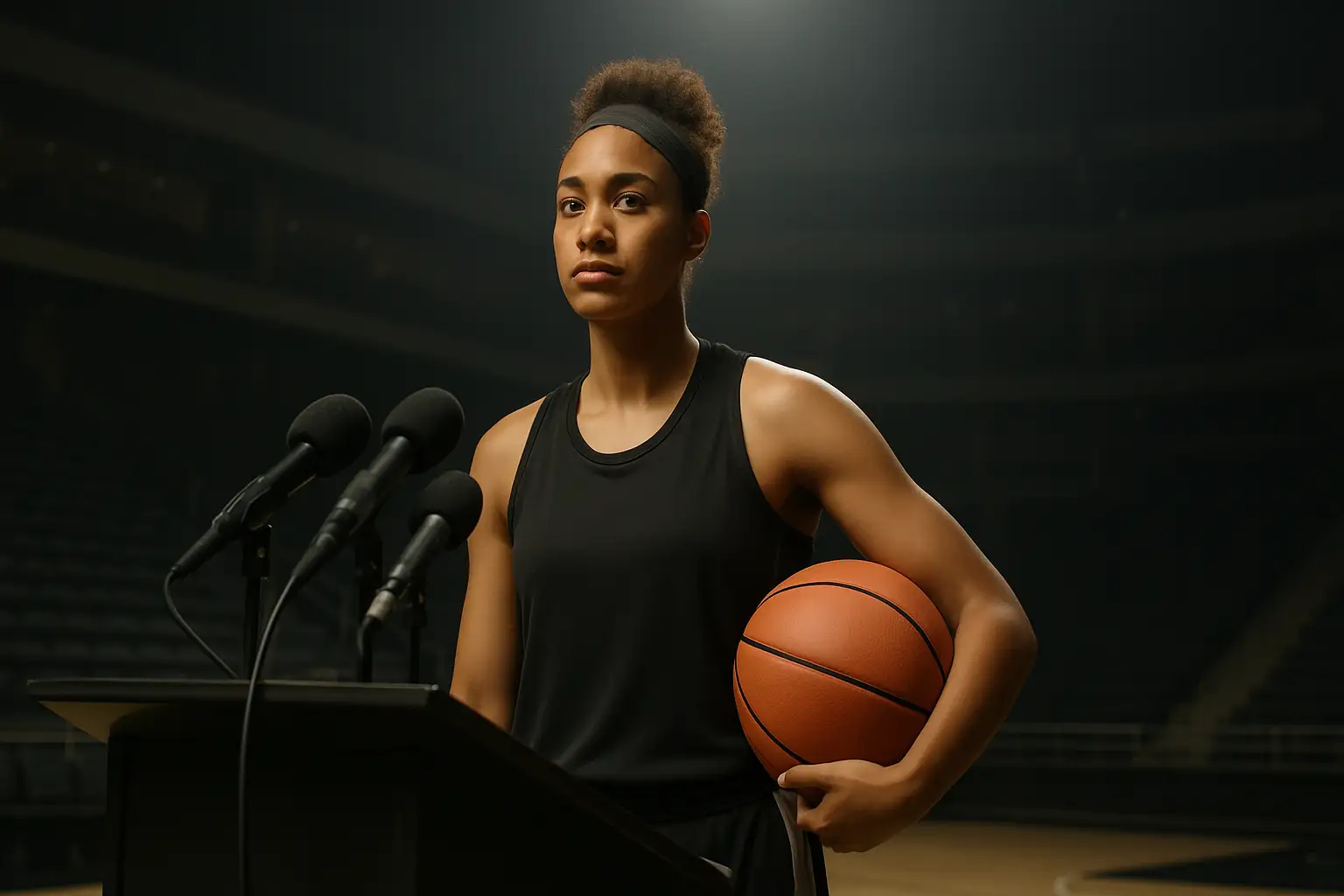 A women's basketball player stands at a podium addressing reporters in a arena setting
