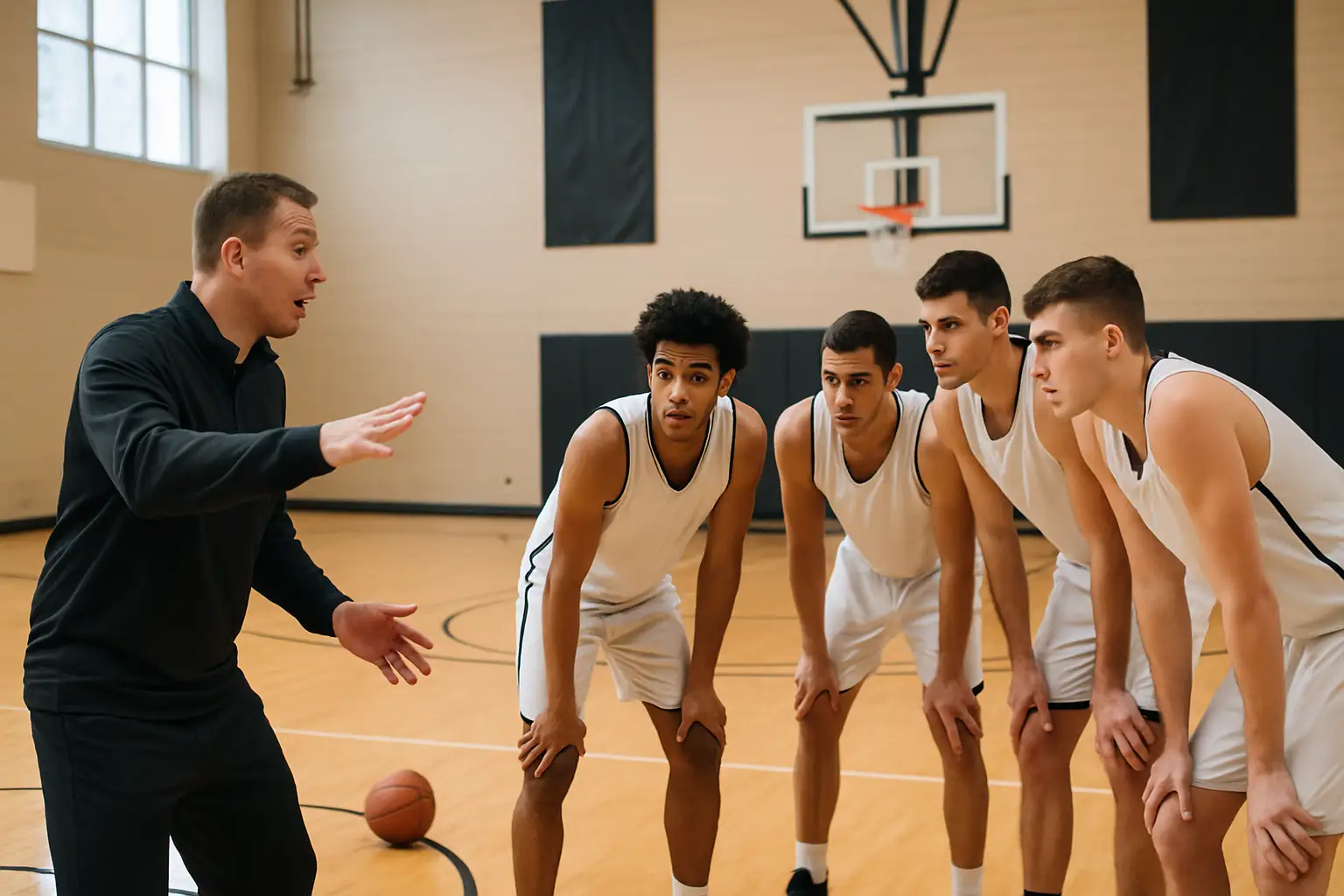 A college basketball coach addresses players during a practice session in an indoor gymnasium