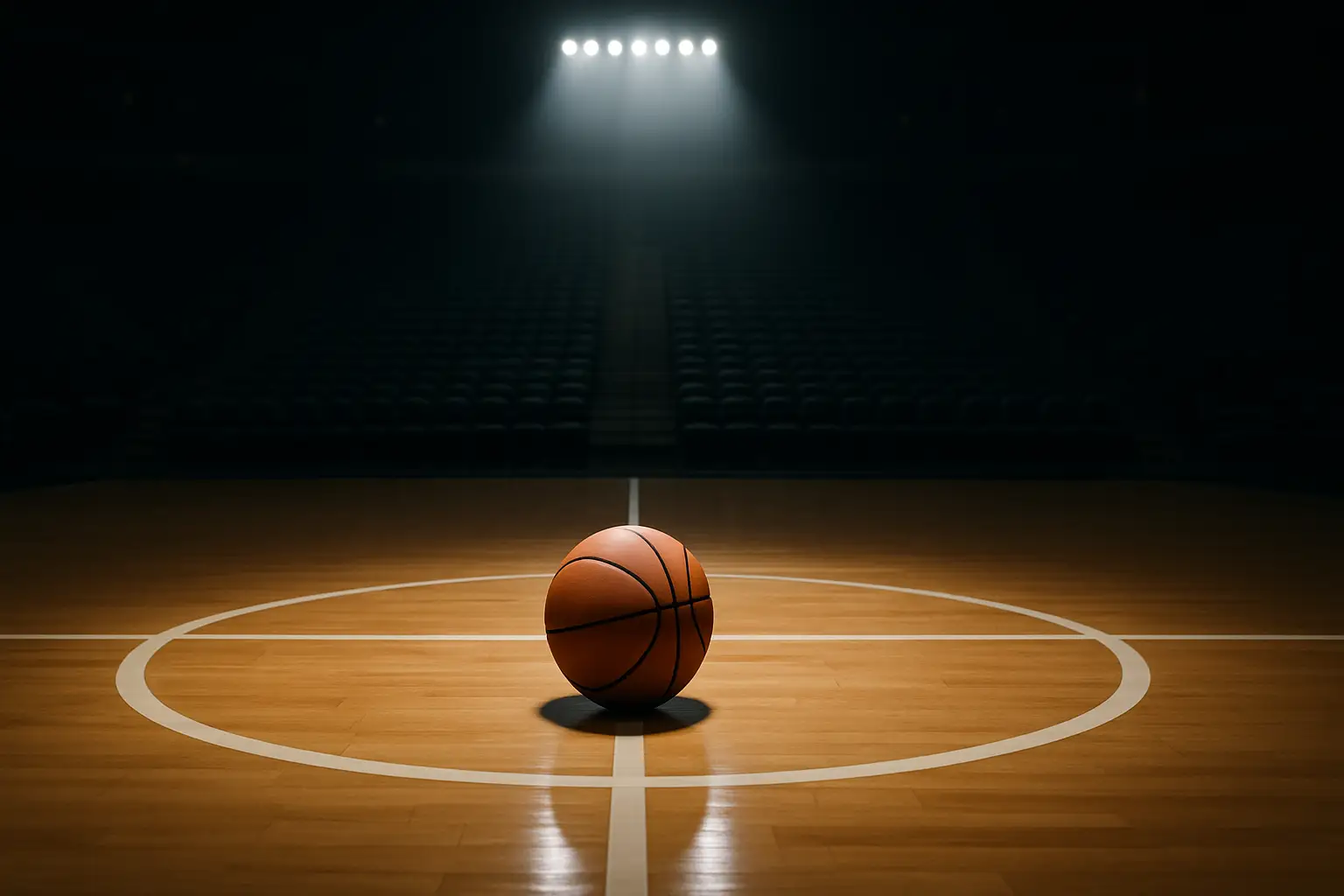 A basketball resting on a hardwood court inside an empty NBA arena with stadium lights overhead