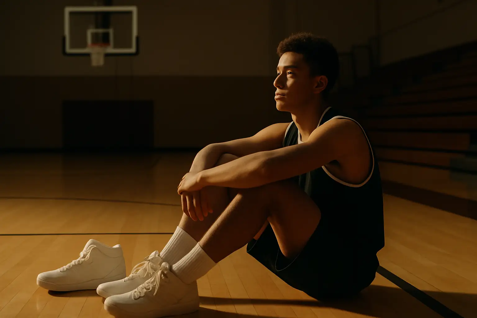 Young basketball player reflecting on his athletic journey in a gym setting
