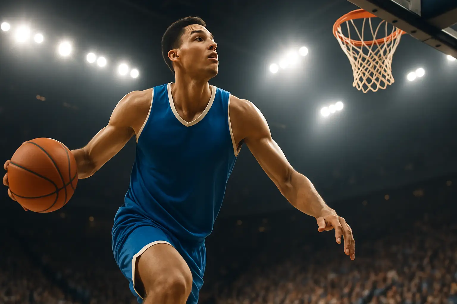 A basketball player in a blue college uniform drives toward the basket in a packed arena