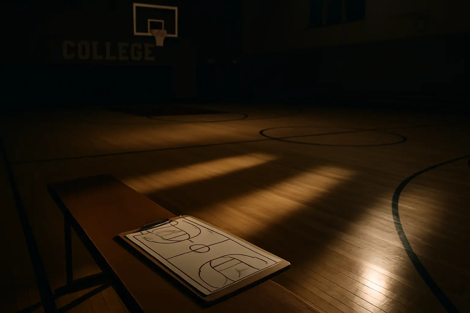 Empty college basketball court with a coaching clipboard left on the bench