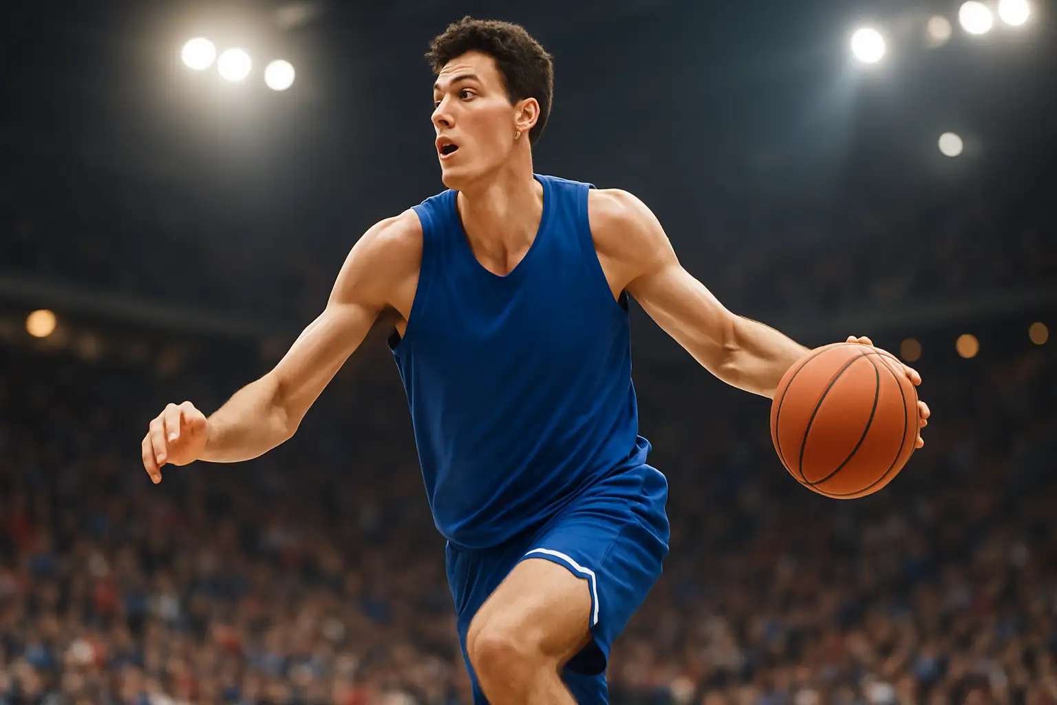 A young basketball player in a blue college uniform drives toward the basket in a packed arena