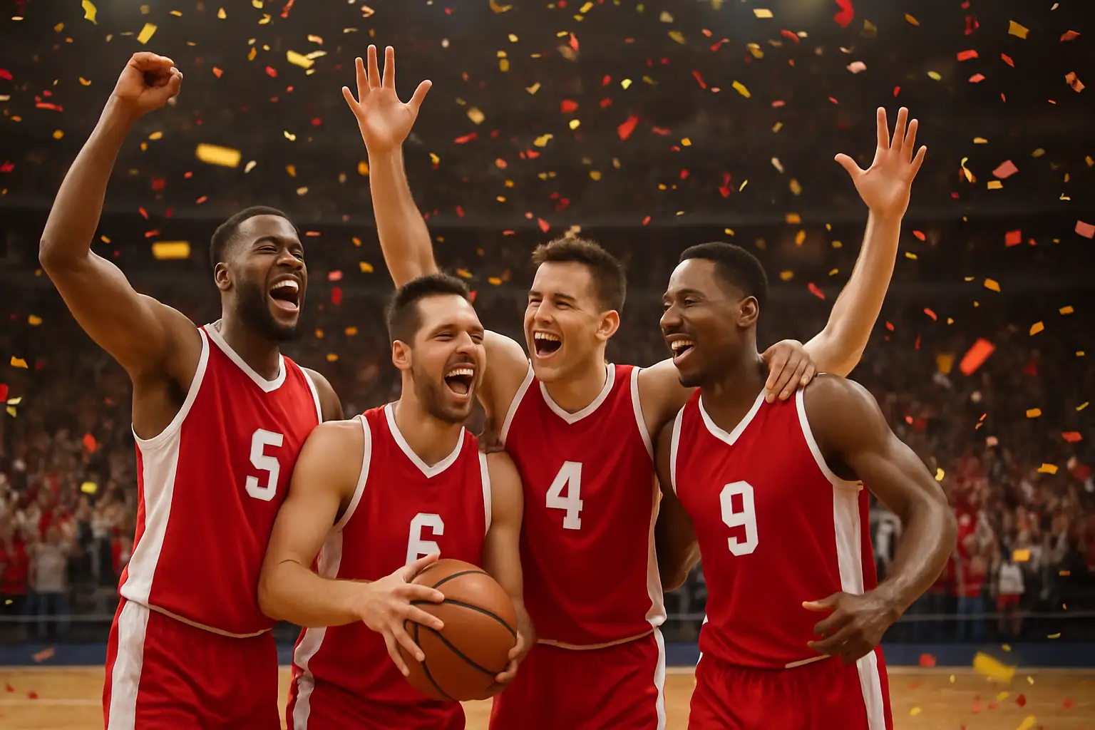 Canadian basketball players celebrating on an international court