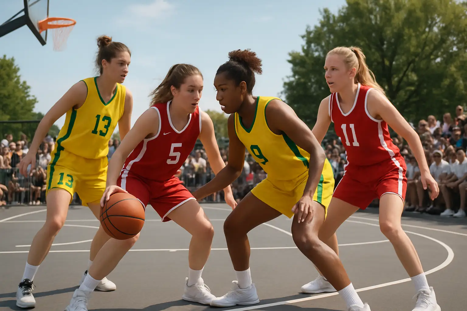 Women's 3x3 basketball players competing on an outdoor half-court during a tournament final