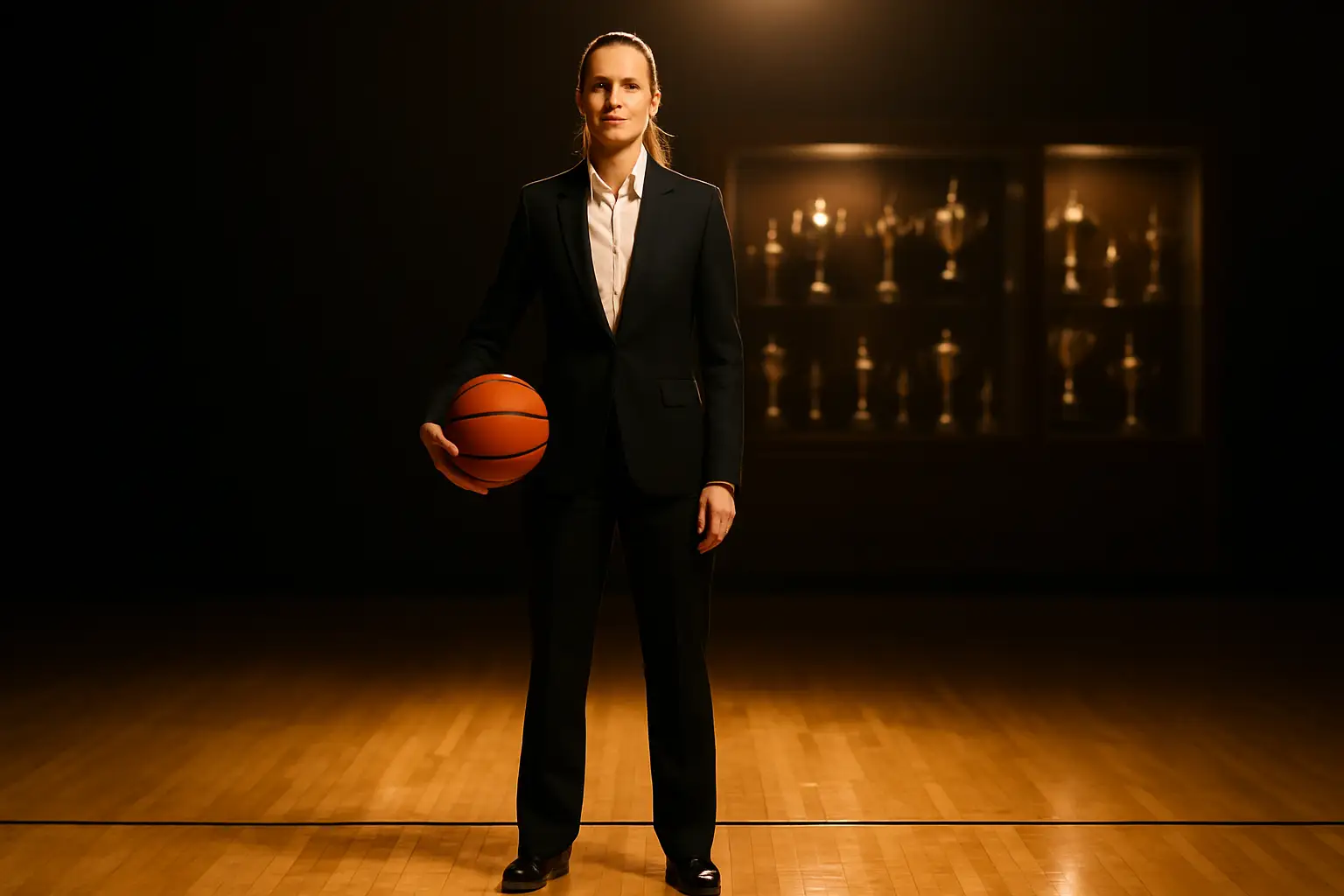 A women's basketball player standing at a podium before a Hall of Fame ceremony