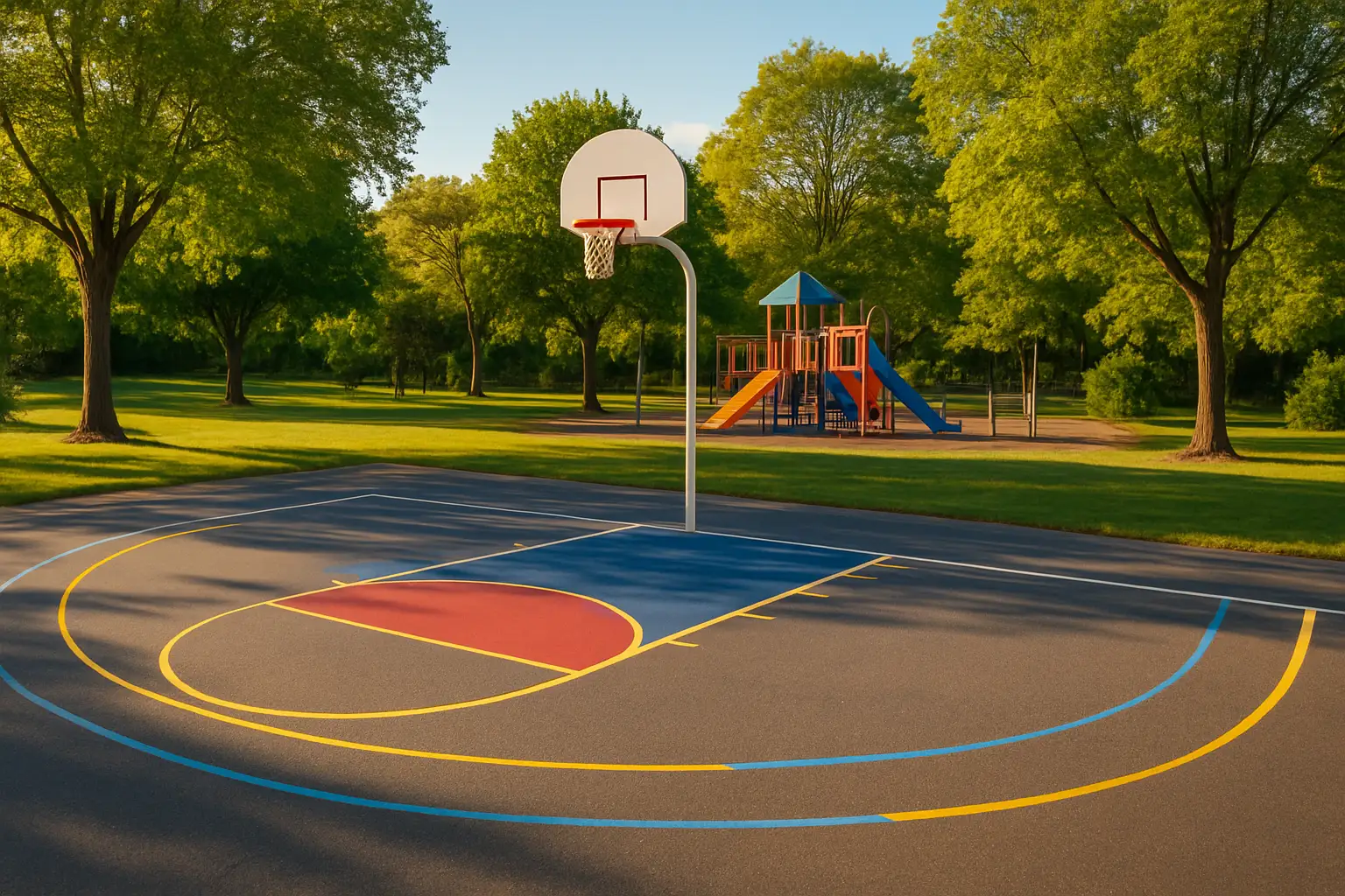 A freshly dedicated outdoor basketball court in a small-town neighborhood park on a sunny day