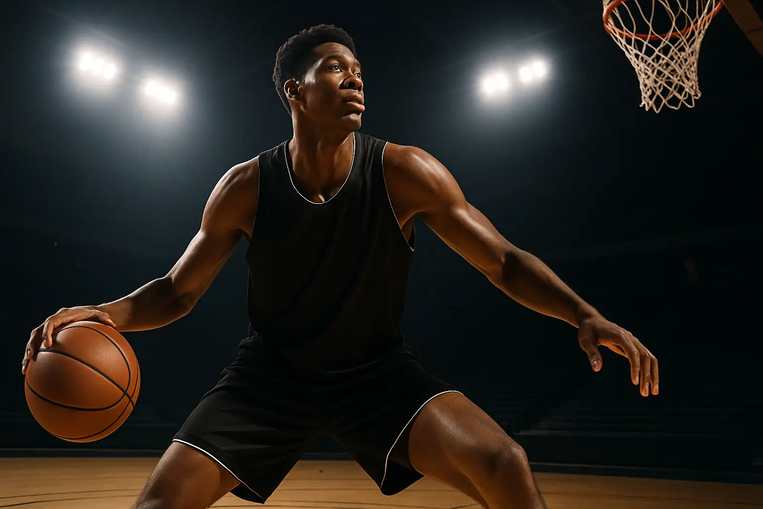 Clemson basketball player practicing on an indoor court under arena lights
