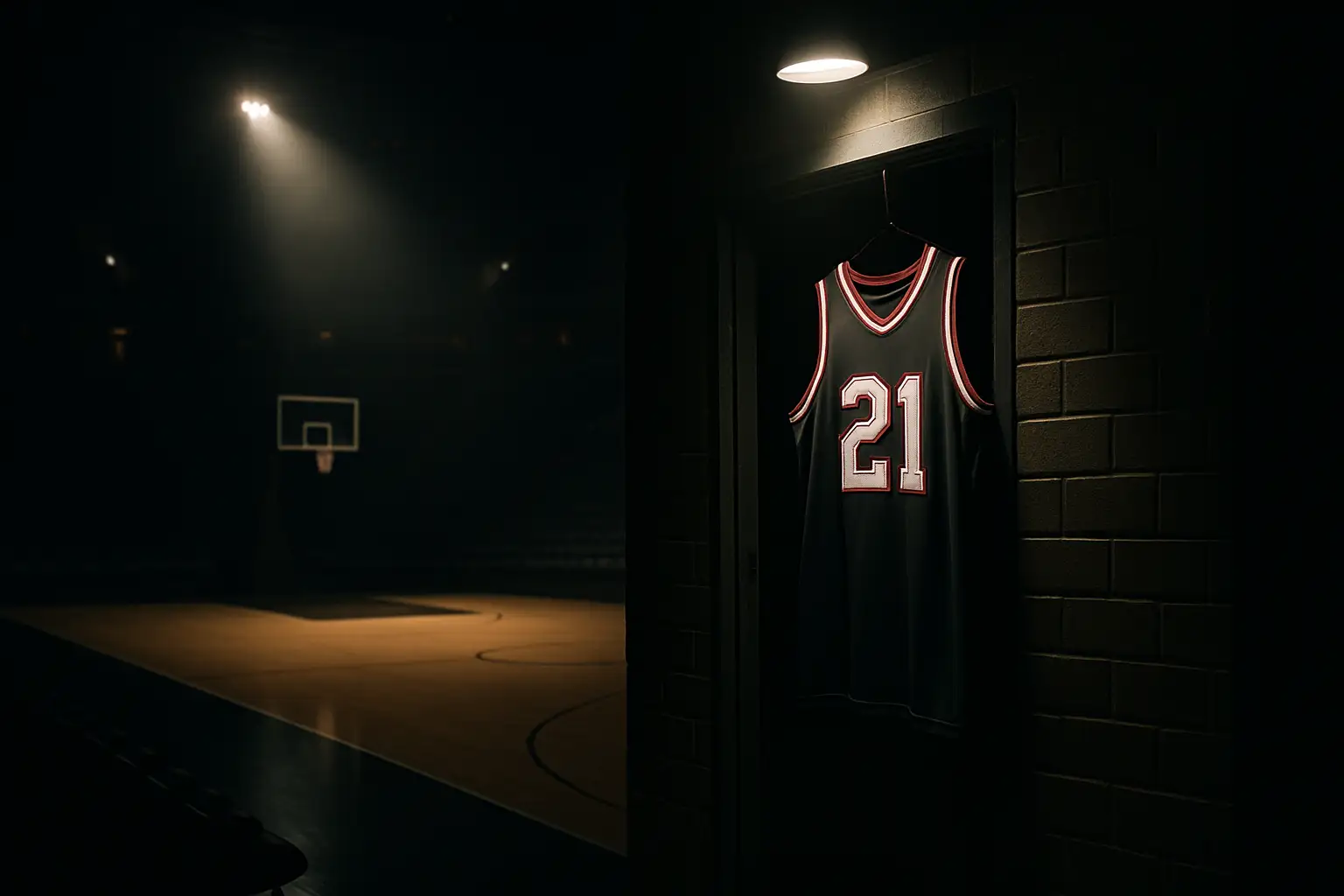 Basketball court with a spotlight shining on an empty Cleveland Cavaliers jersey hanging in an arena