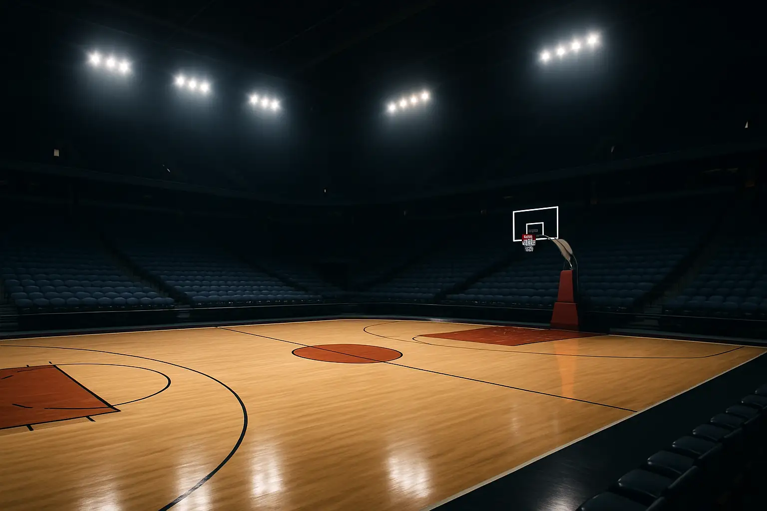 An empty professional basketball arena with court lights on and seats vacant before a big game