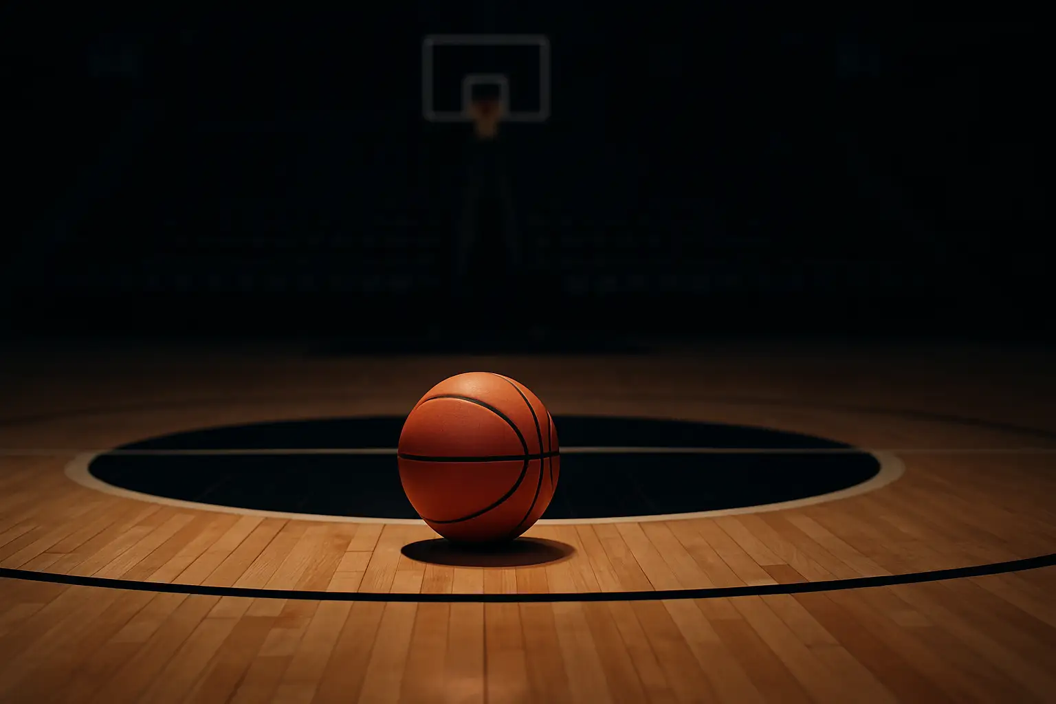 A basketball resting on a hardwood court under soft arena lighting, symbolizing remembrance and tribute