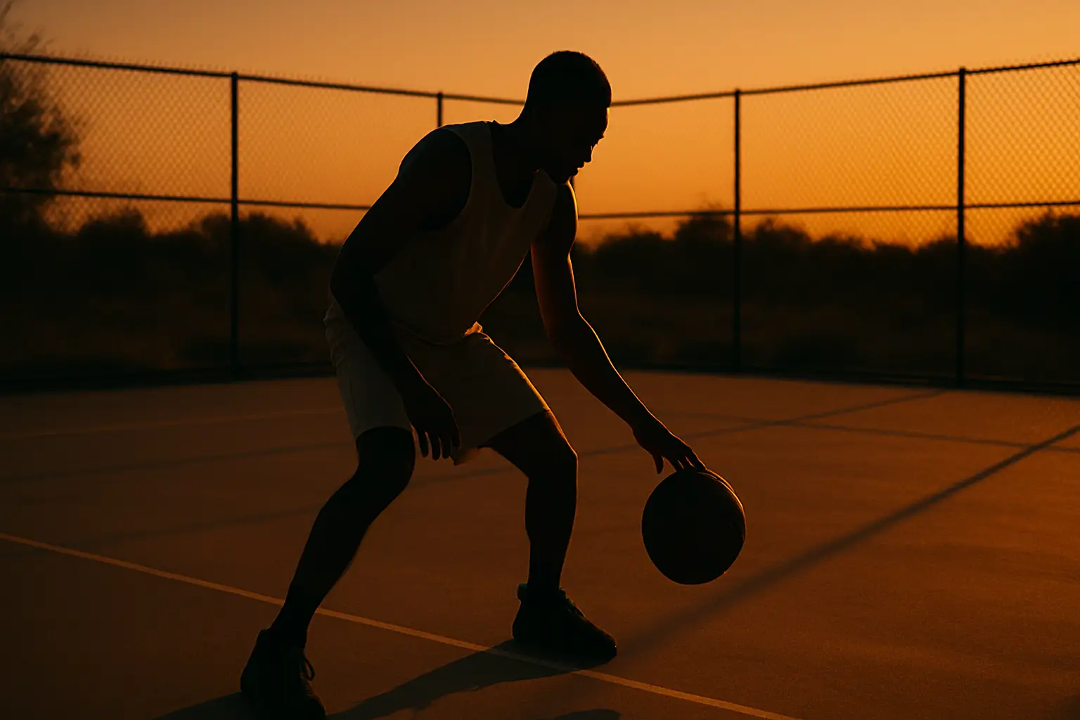 Basketball player dribbling on an outdoor court at dusk with a worn ball and chain-link fence in the background