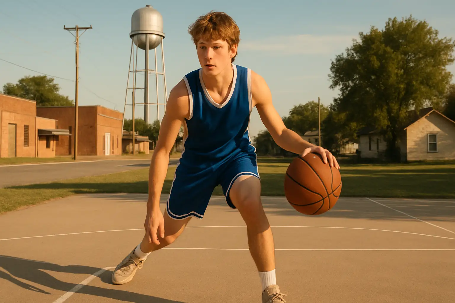 Young basketball player dribbling on an outdoor court in a small Oklahoma town