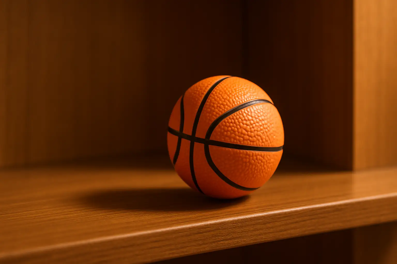 A small orange mini basketball with NBA team branding sitting on a wooden display shelf