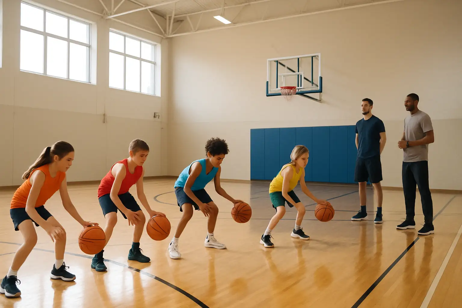 Young girls dribbling basketballs on an indoor court during a youth clinic