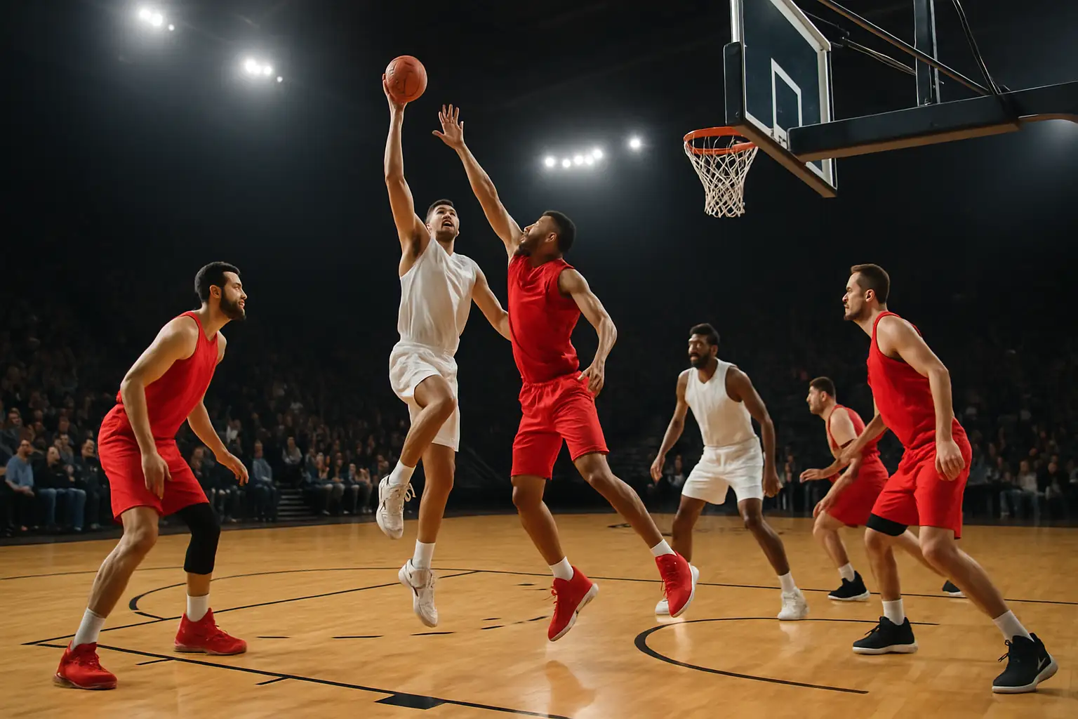 Basketball players from two national teams competing on an indoor court during a friendly international match