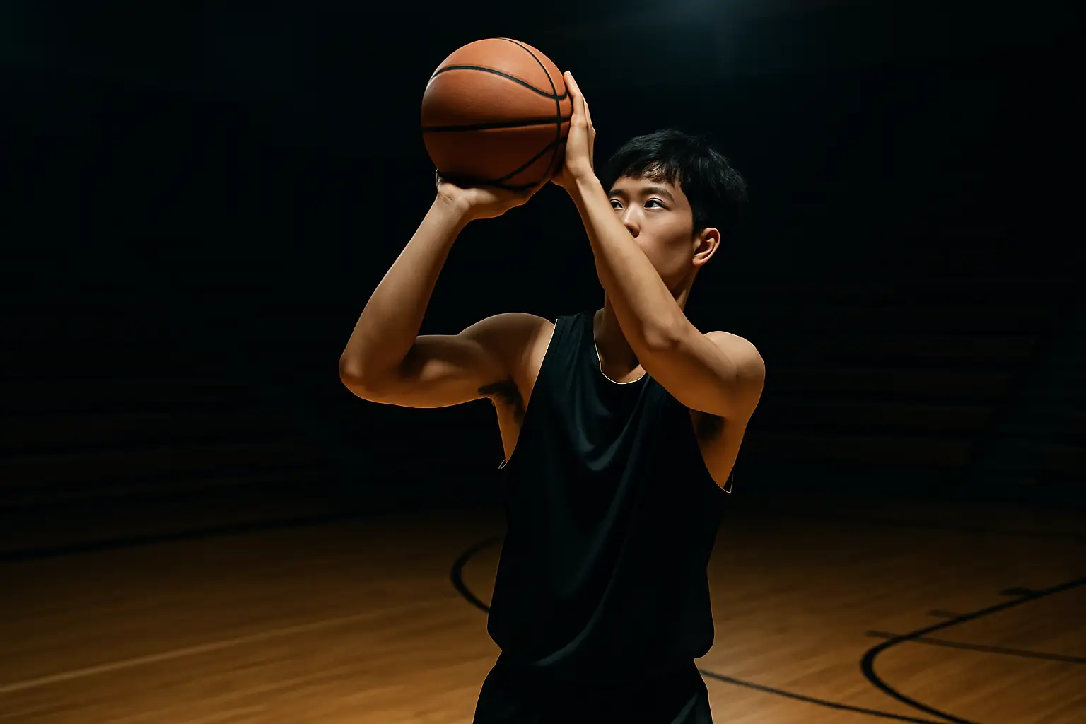 A young basketball player practicing alone on an indoor court in China, spotlight overhead
