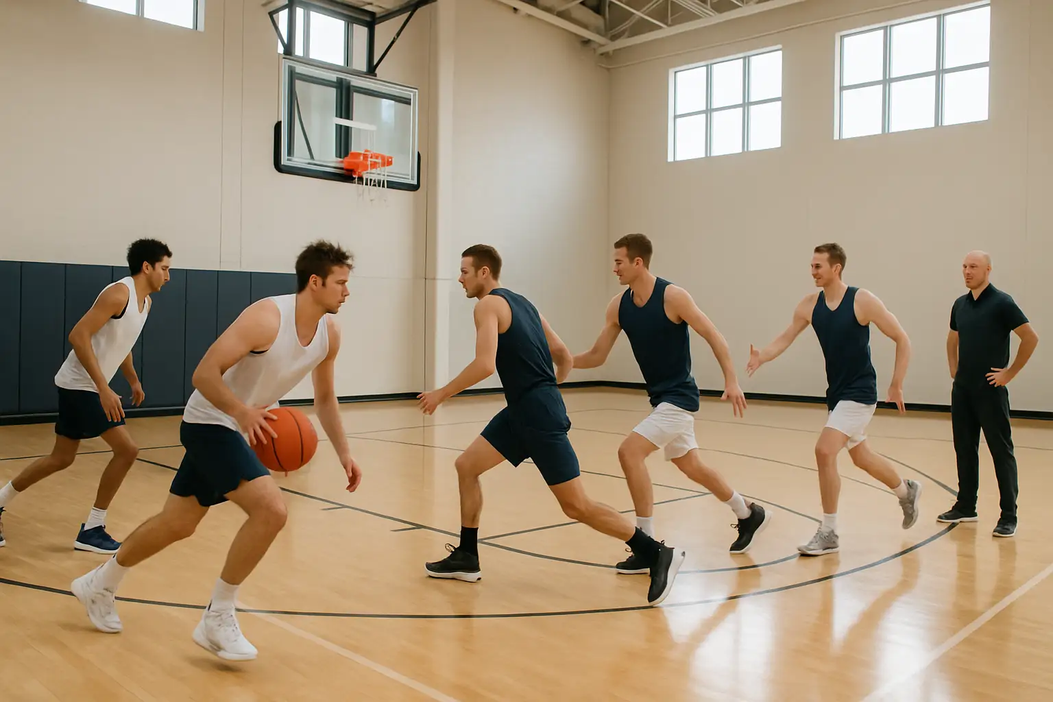Chipola College basketball players running drills in practice on an indoor court