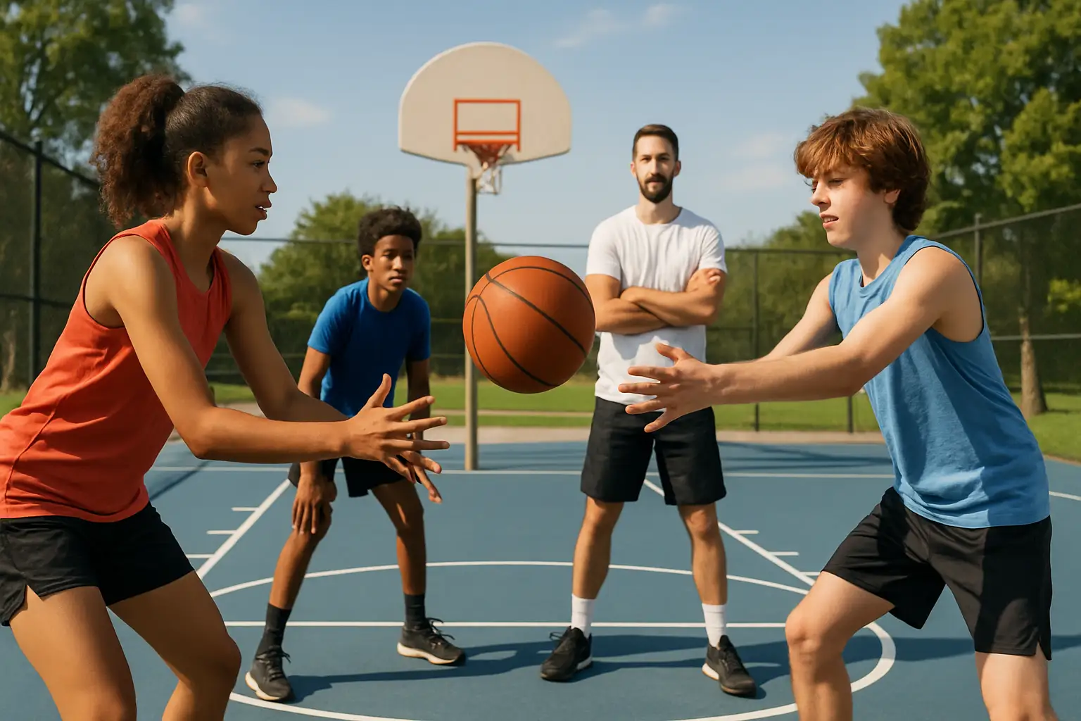 Young basketball players working together during a team drill at an outdoor camp