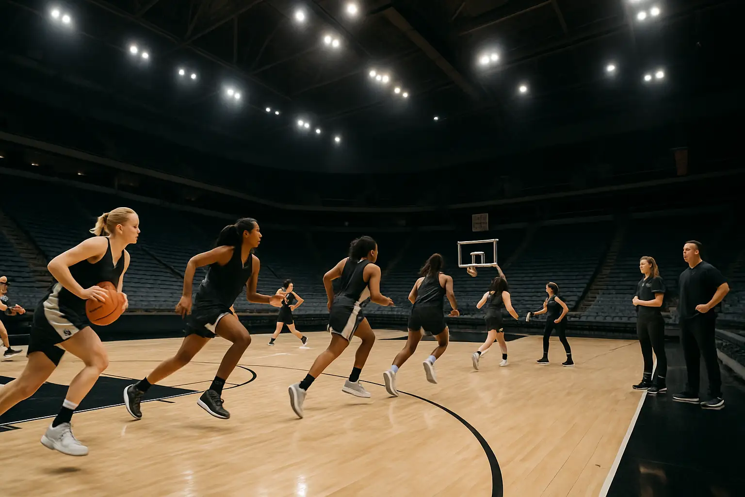 Basketball players running drills on an indoor court during a summer practice session