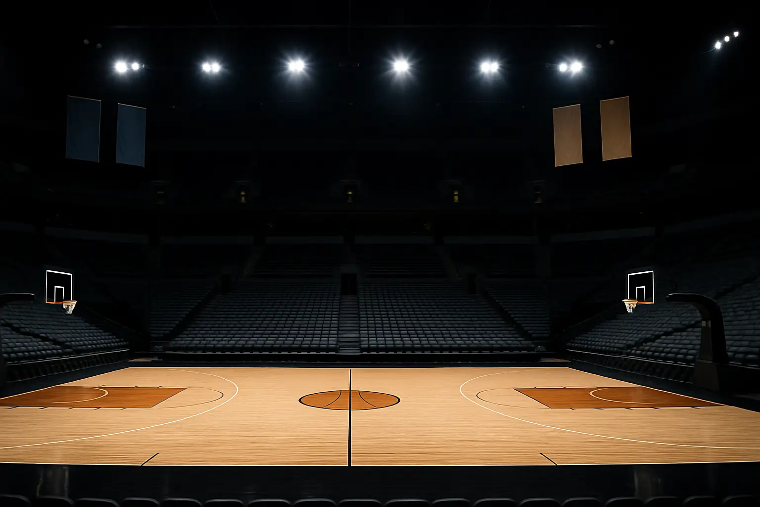An empty college basketball arena set up for a major tournament event, with the court lit under bright overhead lights