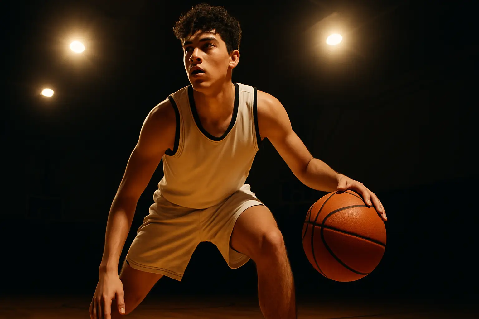 A high school basketball guard dribbling on an indoor court under bright gym lights