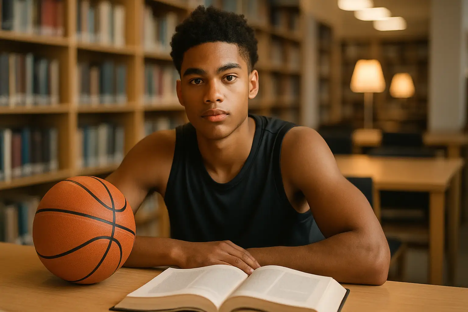 A college basketball player studying at a desk with a basketball nearby, representing academic and athletic achievement
