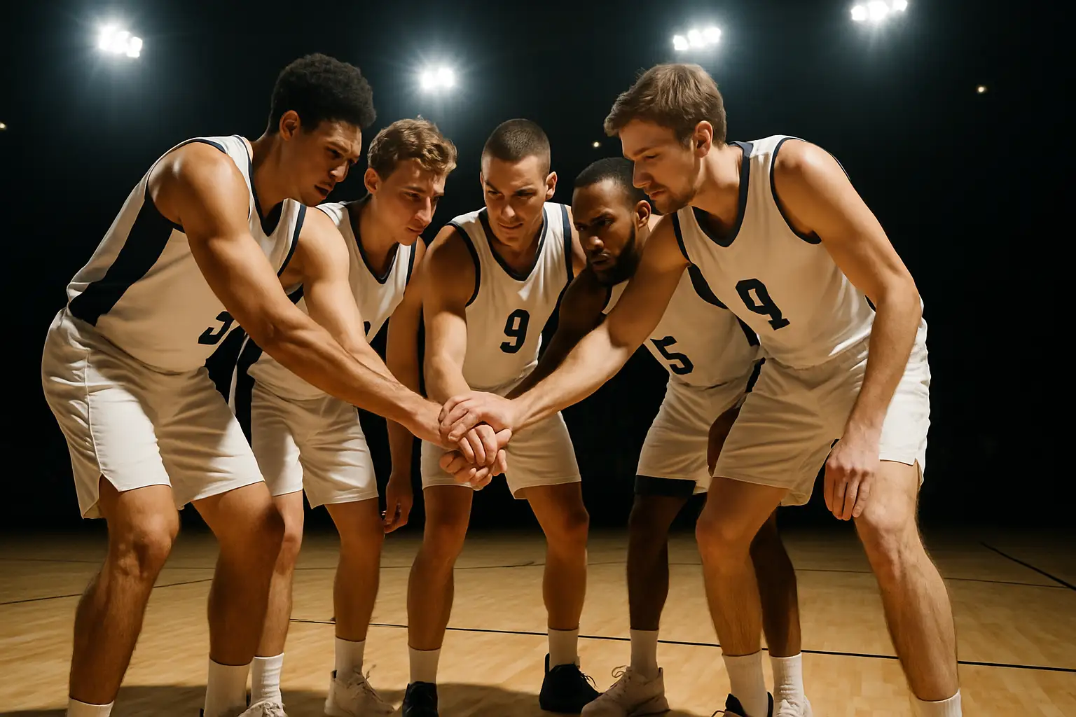 Basketball players huddling together on court during an international tournament