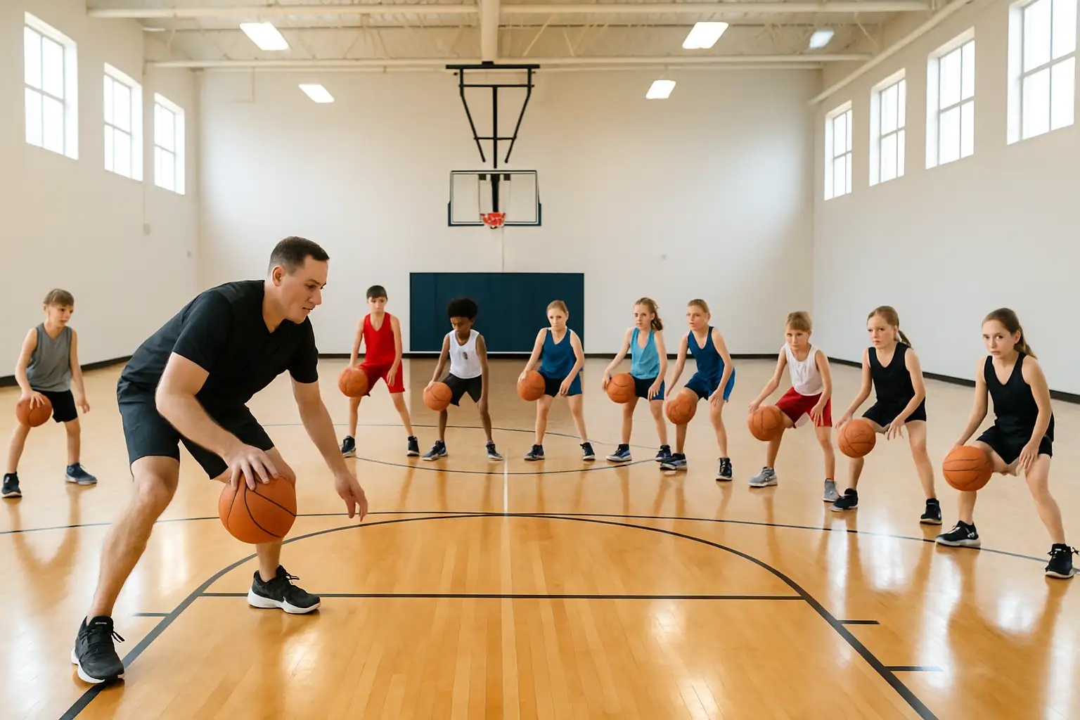 Youth basketball players practicing drills on an indoor court during a summer camp