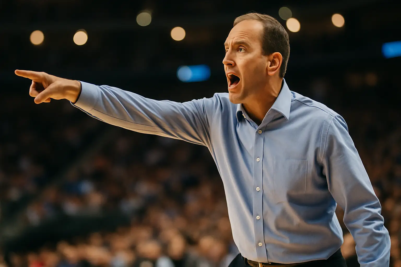 A college basketball coach speaking intensely on the sideline during a game