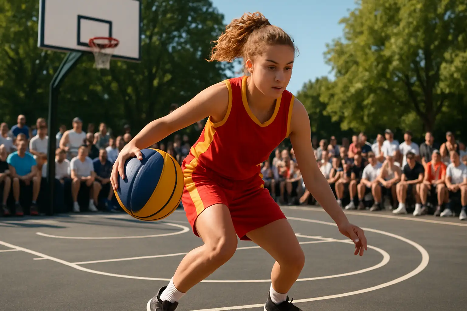 A basketball player dribbles on an outdoor half-court during a 3x3 basketball competition