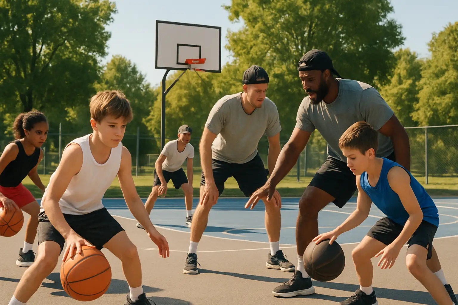 Young basketball players practicing drills on an outdoor court during a summer youth camp