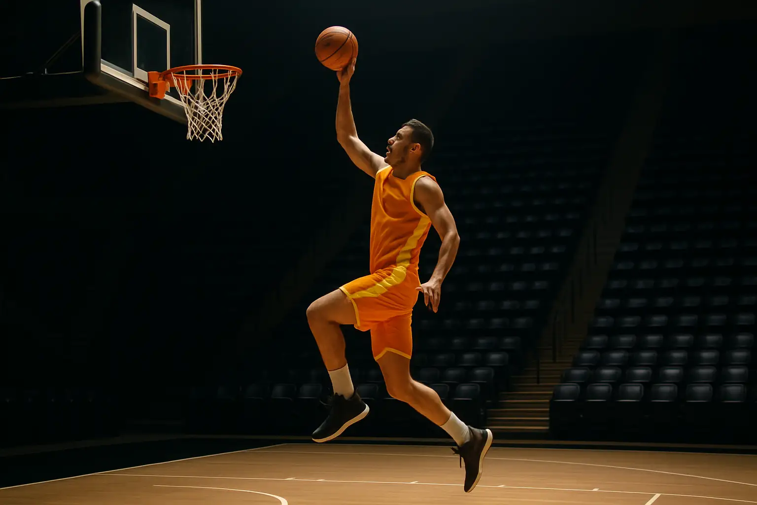 A basketball player in a Magic uniform driving toward the basket during an NBL game