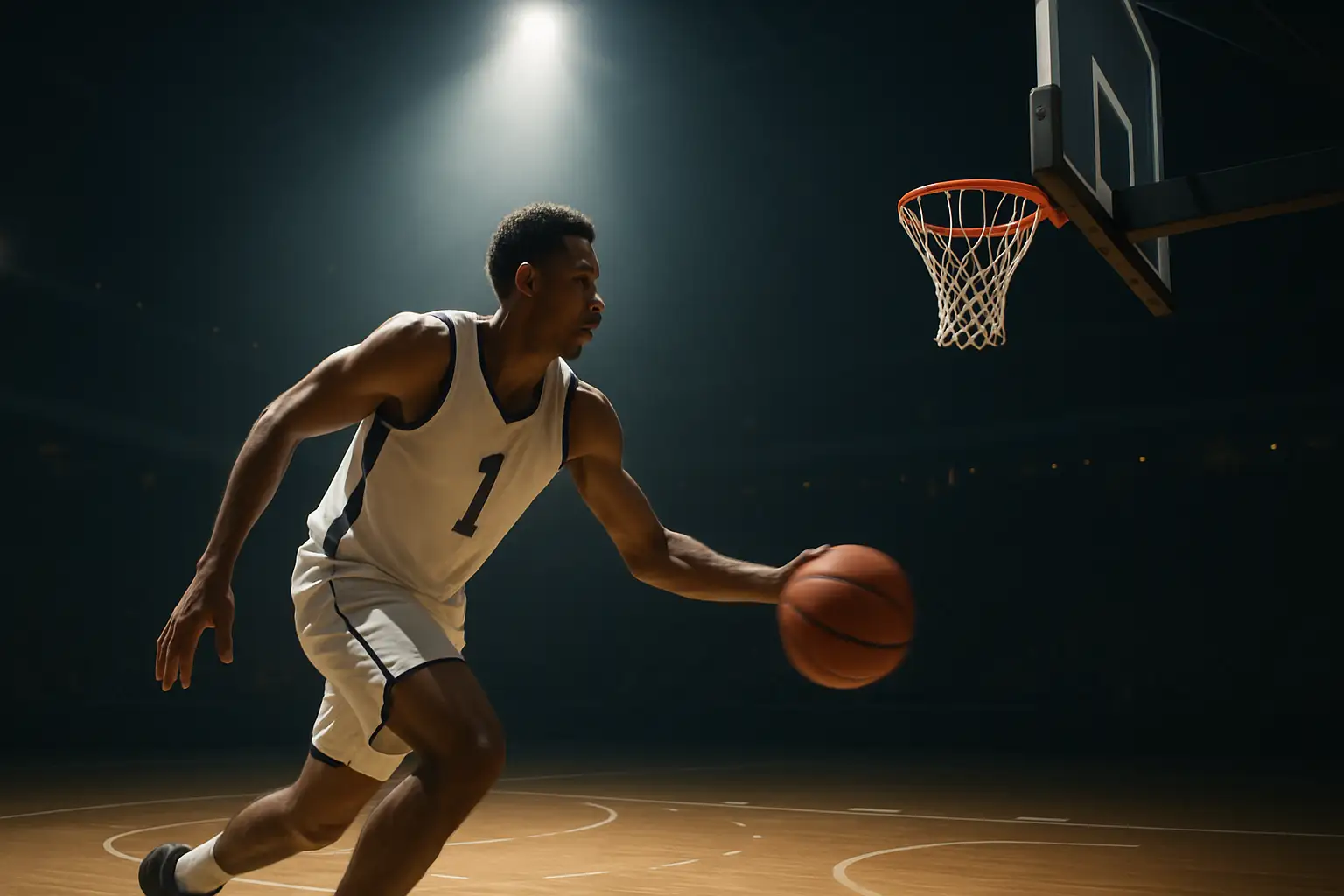 Australian basketball player driving to the basket in an arena under bright lights