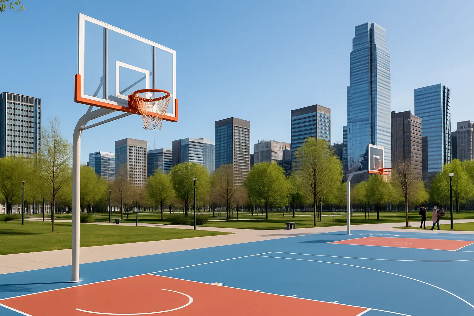 A temporary basketball court set up in an urban downtown park surrounded by city buildings and pedestrians