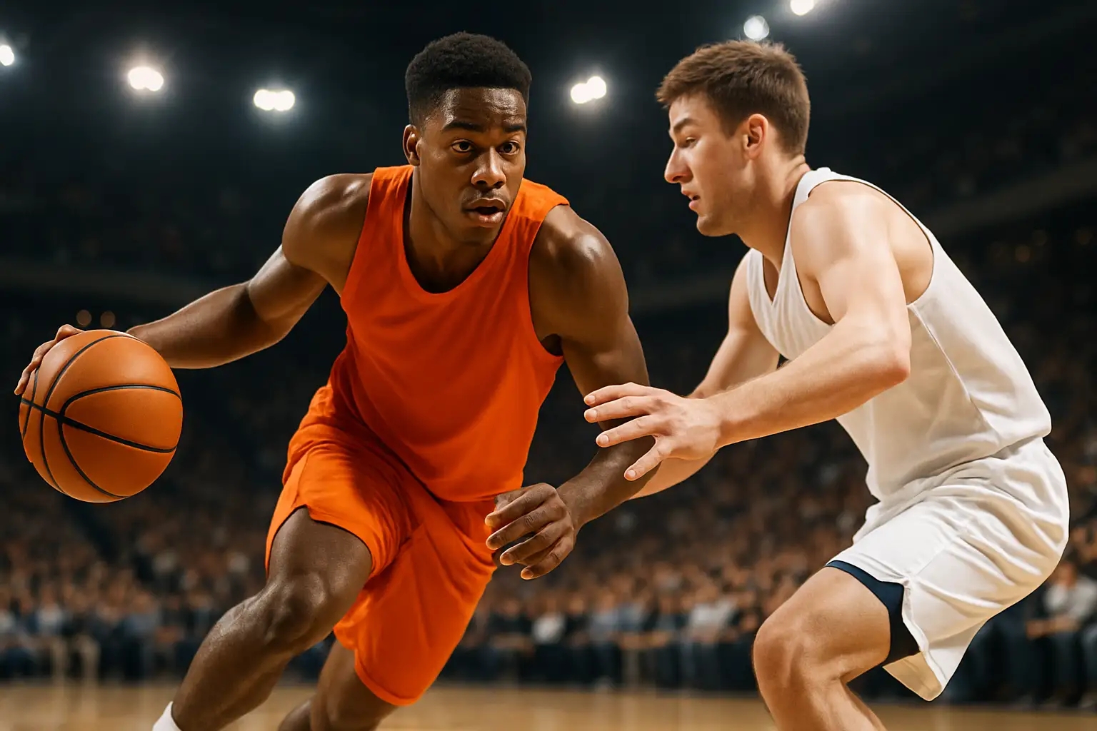 Florida Gators basketball player driving toward the basket in an orange uniform during a college game