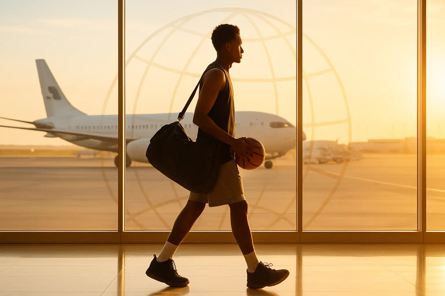 A basketball player walking through an airport terminal with a duffel bag, globe visible through large windows