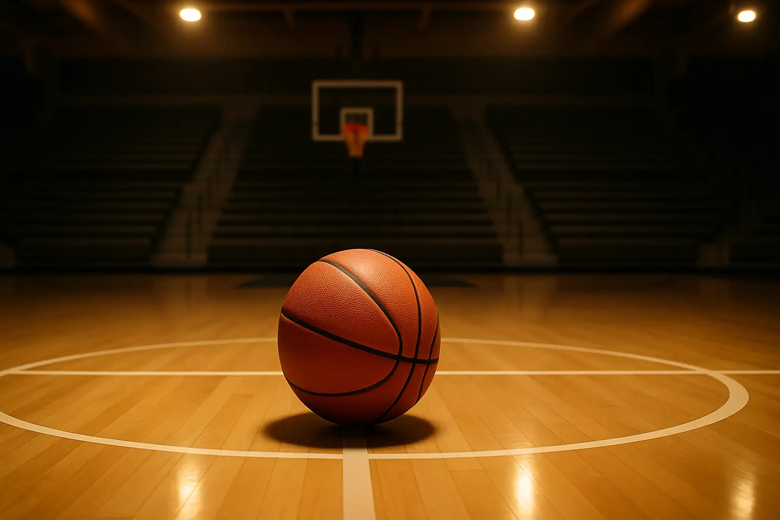 A basketball resting on a hardwood court near a college gymnasium sideline