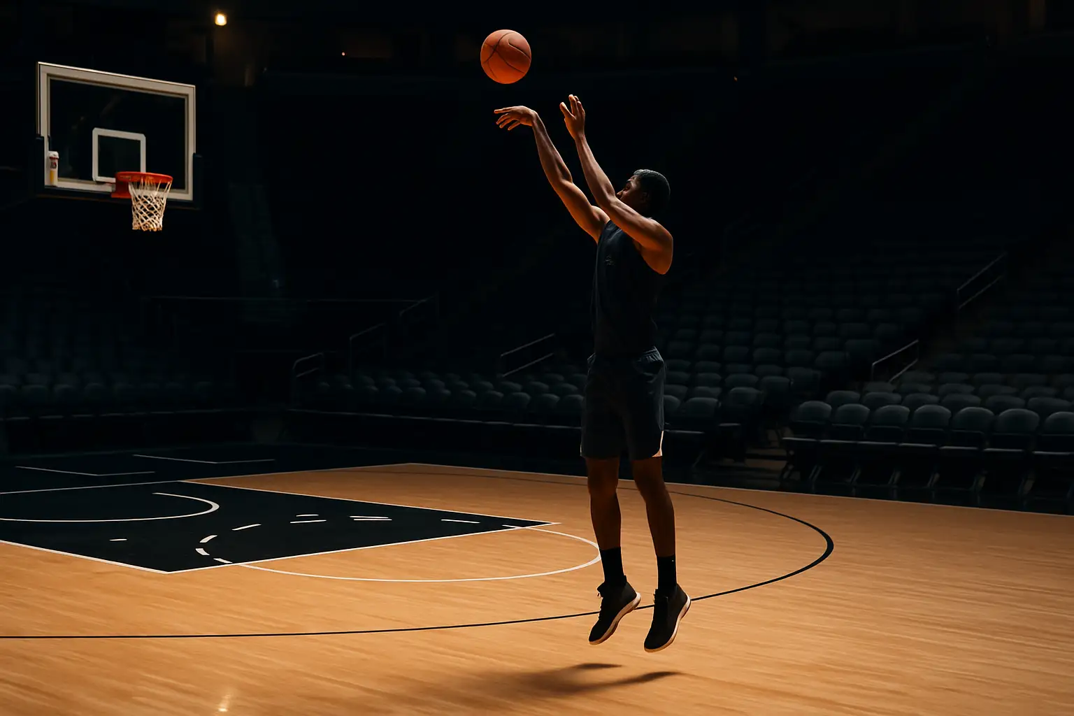 Detroit Pistons basketball court with a player in shooting form near the three-point line