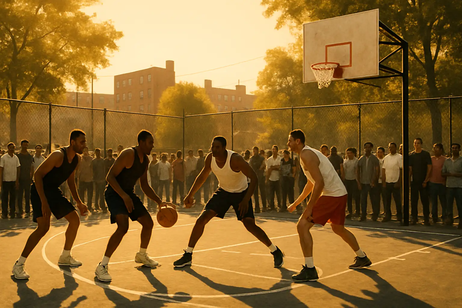 Outdoor basketball court in an urban neighborhood on a sunny summer day with spectators watching a game