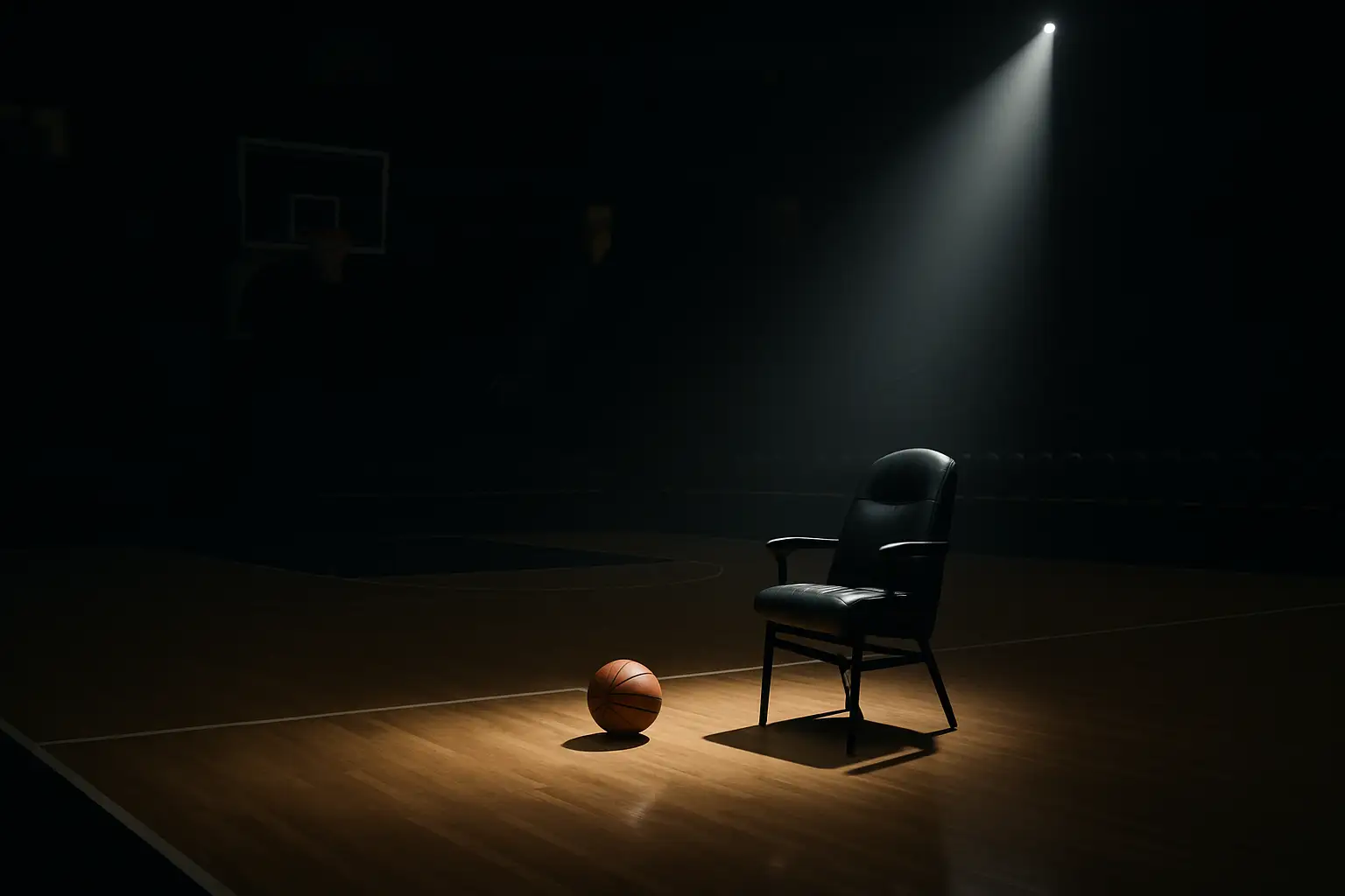 An empty NBA basketball court with a single spotlight illuminating the coaching box near the sideline